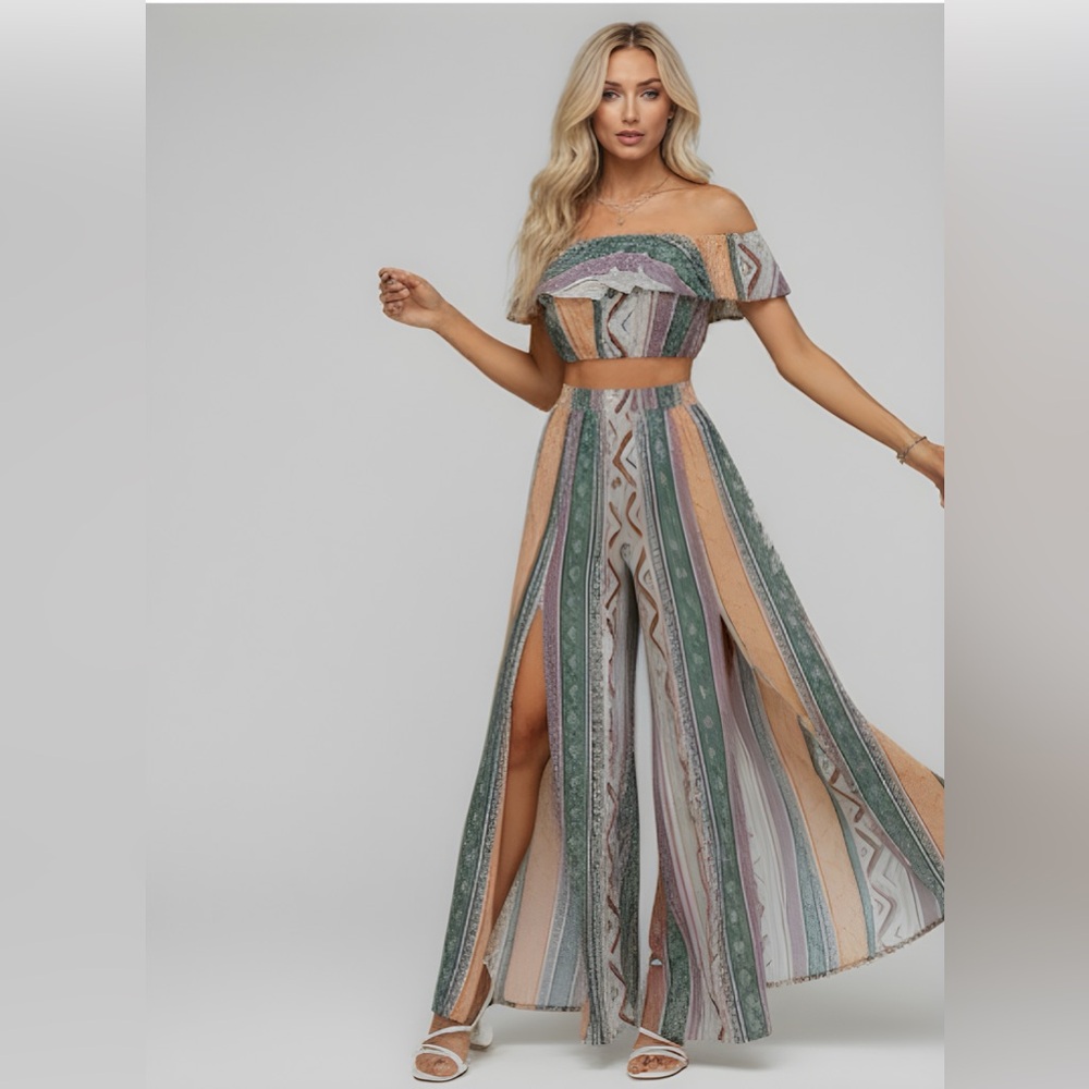 Boho Flounce Off Shoulder Geo Top & Split Thigh Pants Set
